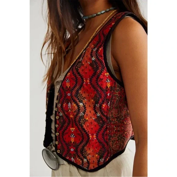 FREE PEOPLE Gemini Vest Rust Combo size XL Quilted Cropped Festival Boho - Picture 7 of 15